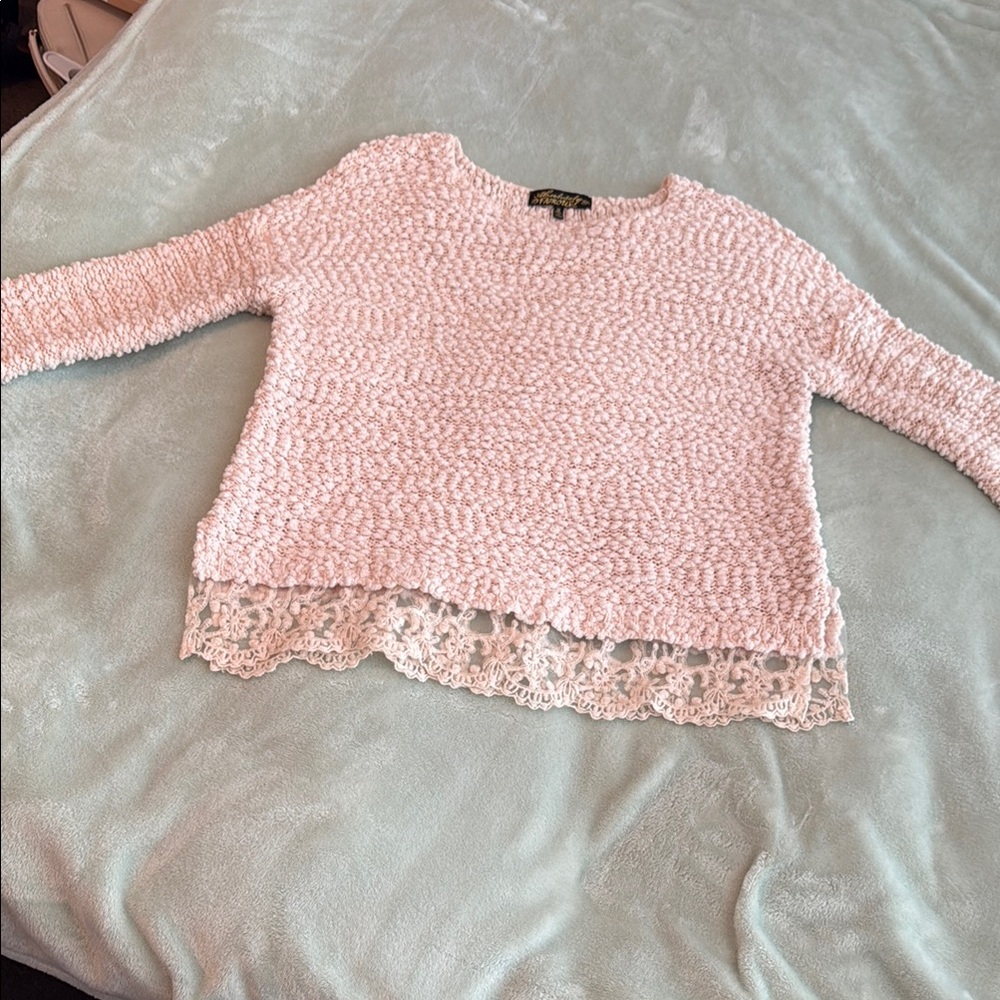 Absolutely Famous Cream Crew Neck Sweater with Lace Trim